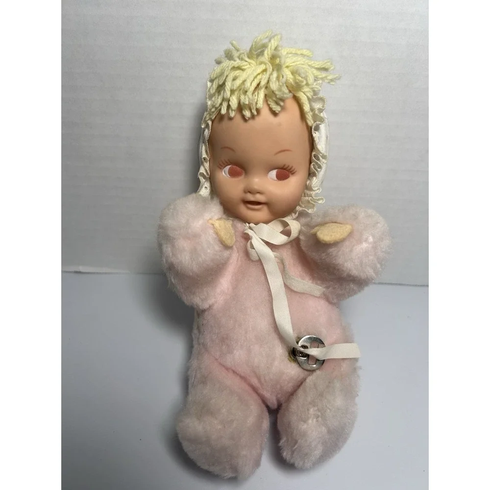 Vintage Eden Baby Doll Rubber Face Wind Up Musical Pink Plush Toy